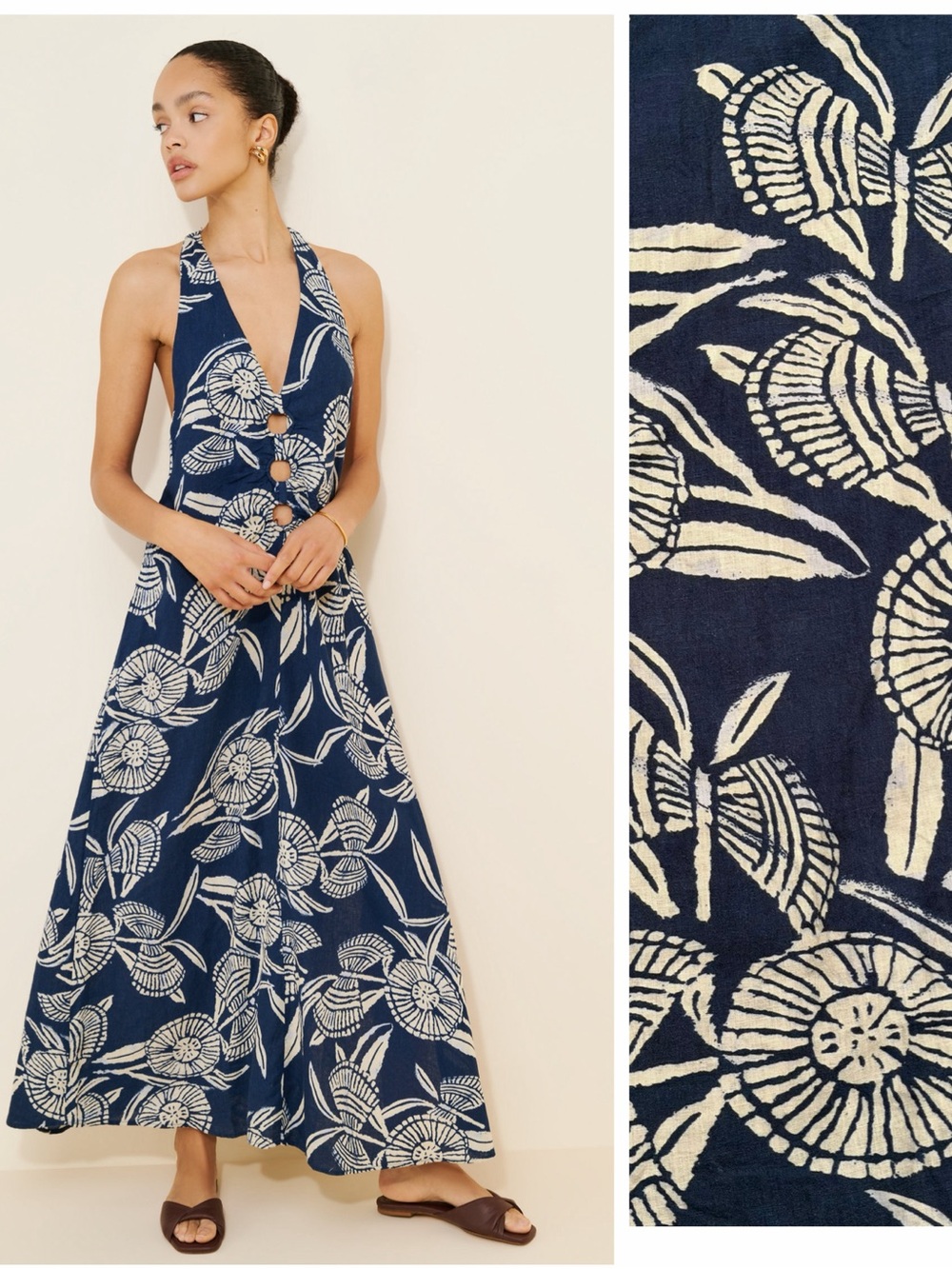 Celandine by Anthropologie Plunge Linen Blend Printed Maxi Dress XL